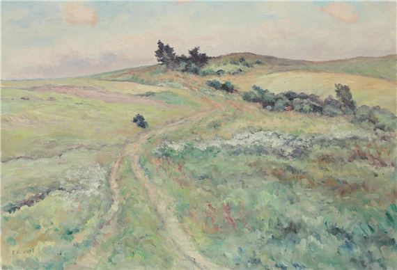 A pastoral landscape painting featuring a winding dirt path through rolling green hills under a soft sky.