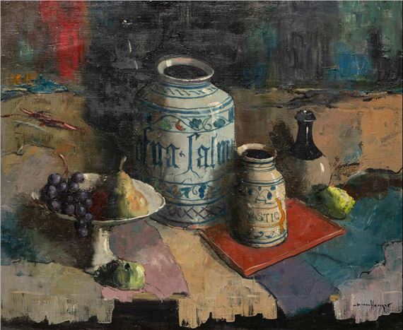 Stilleven met fruitschaal en aardewerken potten by Johannes Gerardus den Hengst