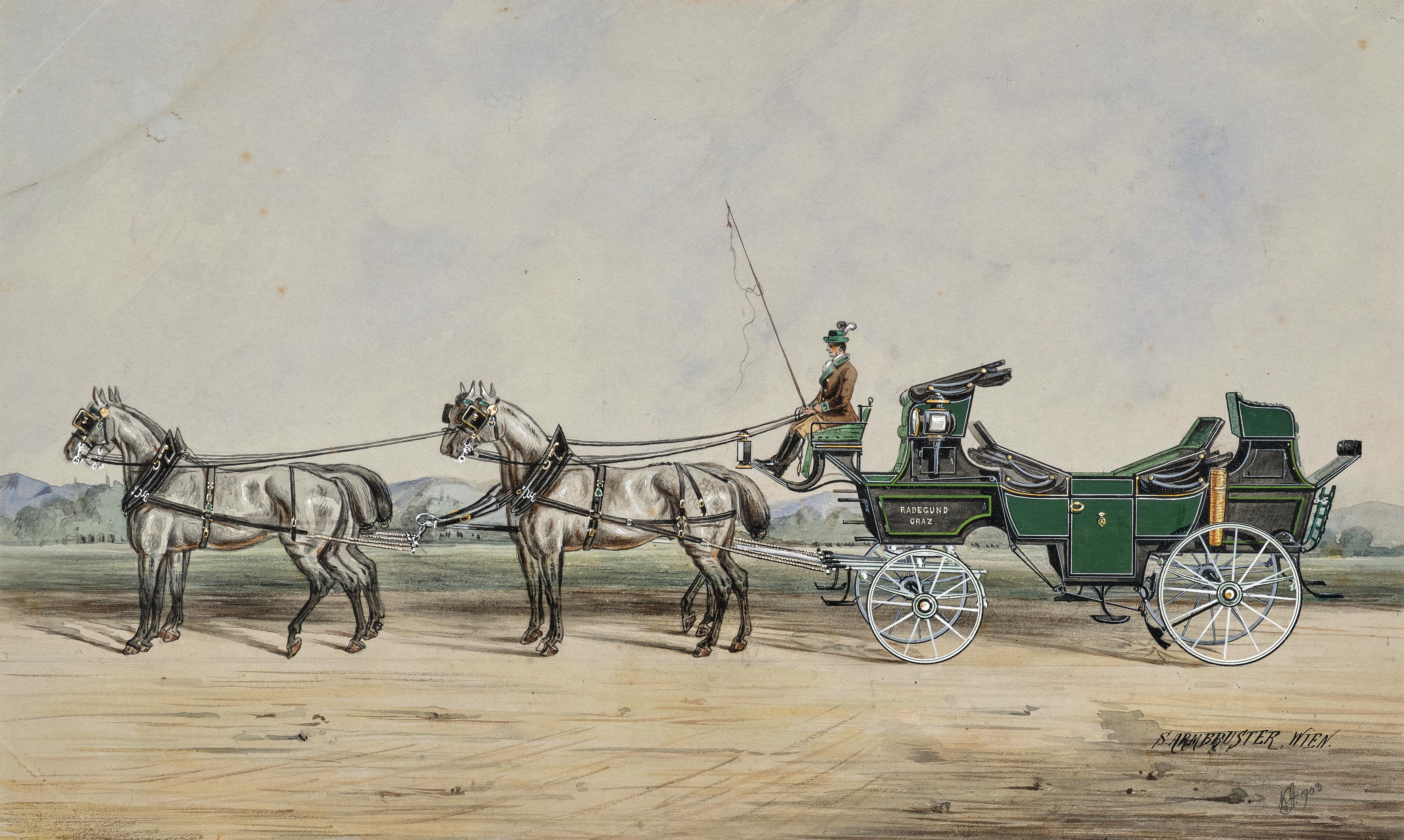 Artwork by Sebastian Armbruster, Steirischer Vierspänner mit der Aufschrift „RADEGUND GRAZ, Made of watercolor on paper