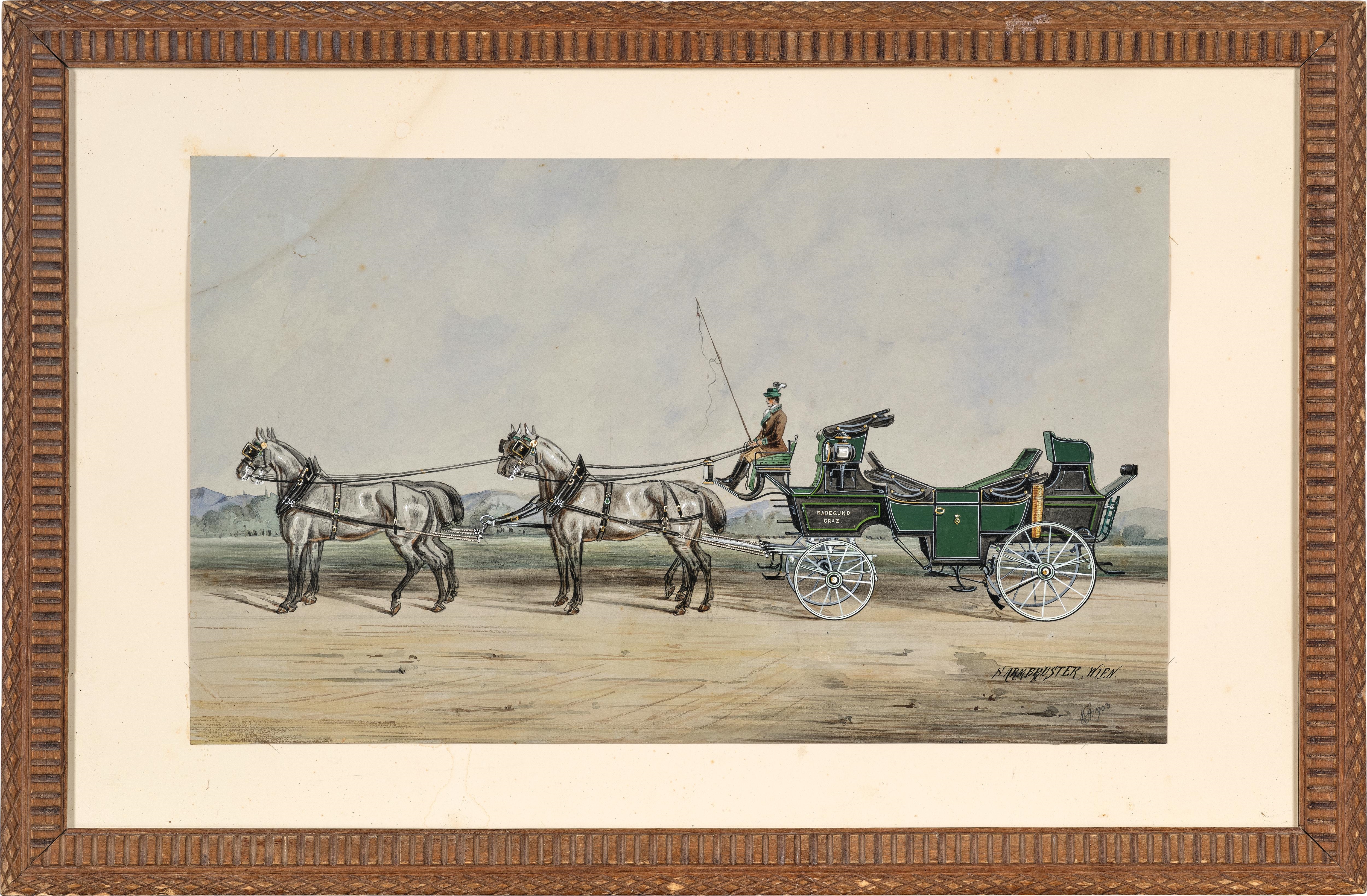 Artwork by Sebastian Armbruster, Steirischer Vierspänner mit der Aufschrift „RADEGUND GRAZ, Made of watercolor on paper