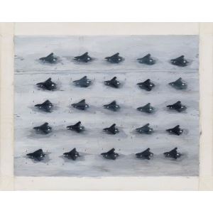 A grid of identical dark, abstract shapes arranged in rows against a pale textured background.