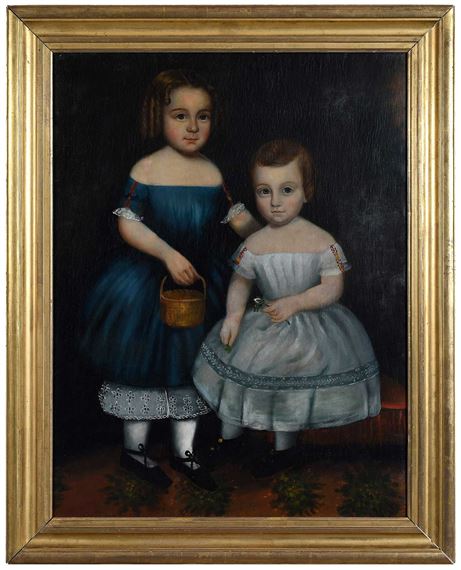 New York Folk Art Portrait of Two Young Girls by American School, 19th Century, 19th century