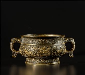 A parcel-gilt bronze 'mythical beast' censer - Hu Wenming