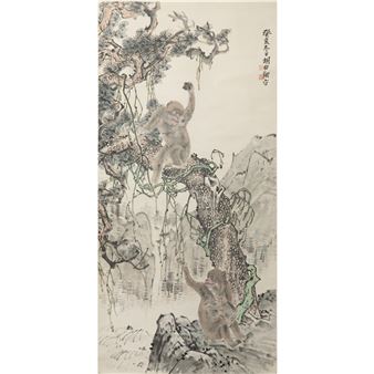 A Chinese 'monkey' and 'pine' painting scroll - Hu Boxiang