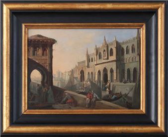 A framed painting of a European canal scene with historic architecture and figures.