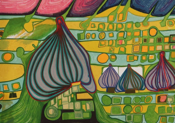 Artwork by Friedensreich Hundertwasser, Testament in gelb, Made of Farbserigrafie Mit Metallauflage Auf Karton