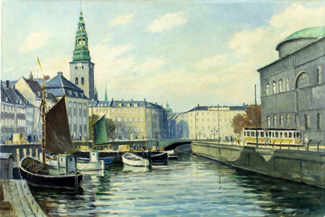 Artwork by Einar Gross, Copenhagen Canal Cityscape, Denmark, Made of Oil On Canvas