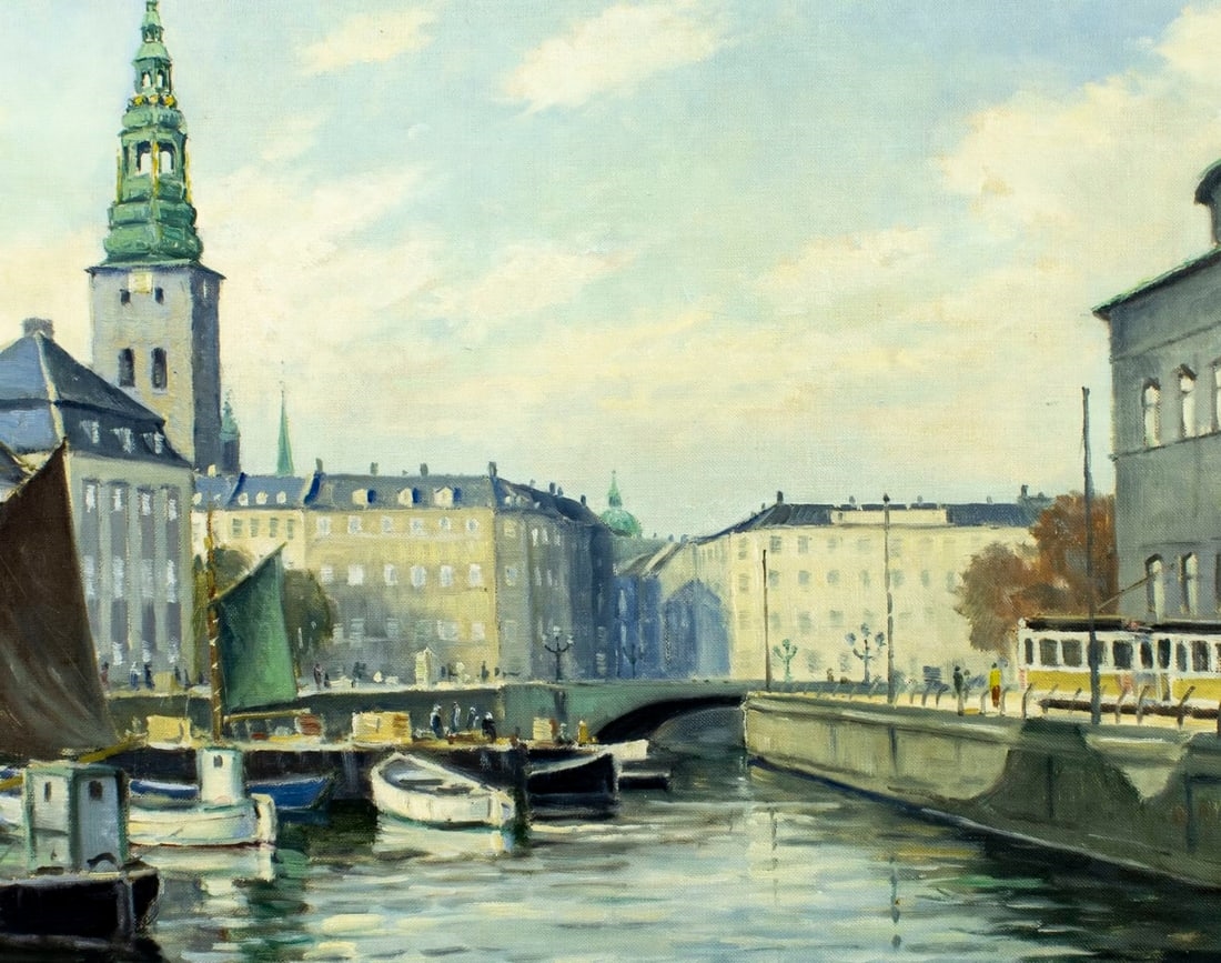 Artwork by Einar Gross, Copenhagen Canal Cityscape, Denmark, Made of Oil On Canvas