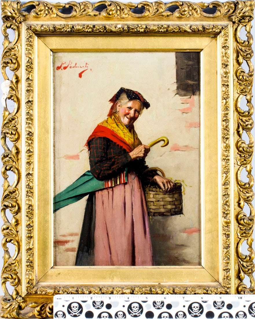 Artwork by Pietro Pederzoli, Old Woman with Basket and Umbrella, Made of Oil On Canvas