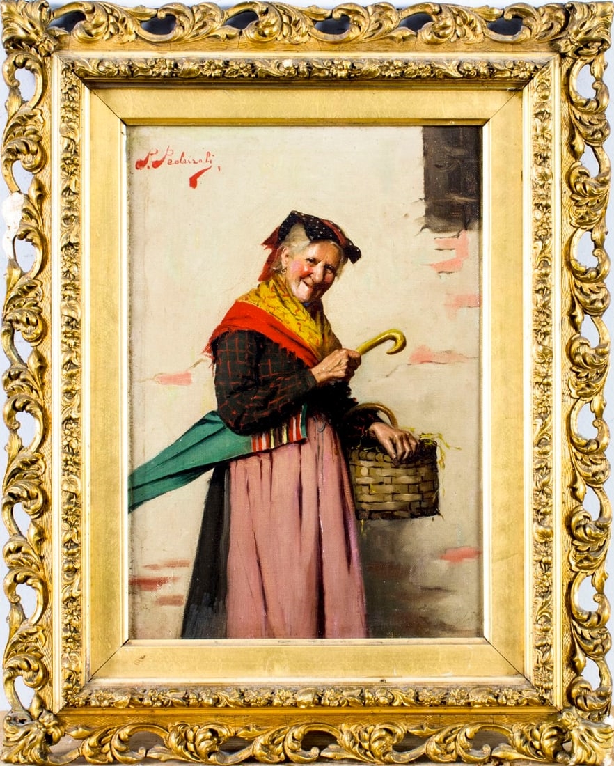Artwork by Pietro Pederzoli, Old Woman with Basket and Umbrella, Made of Oil On Canvas