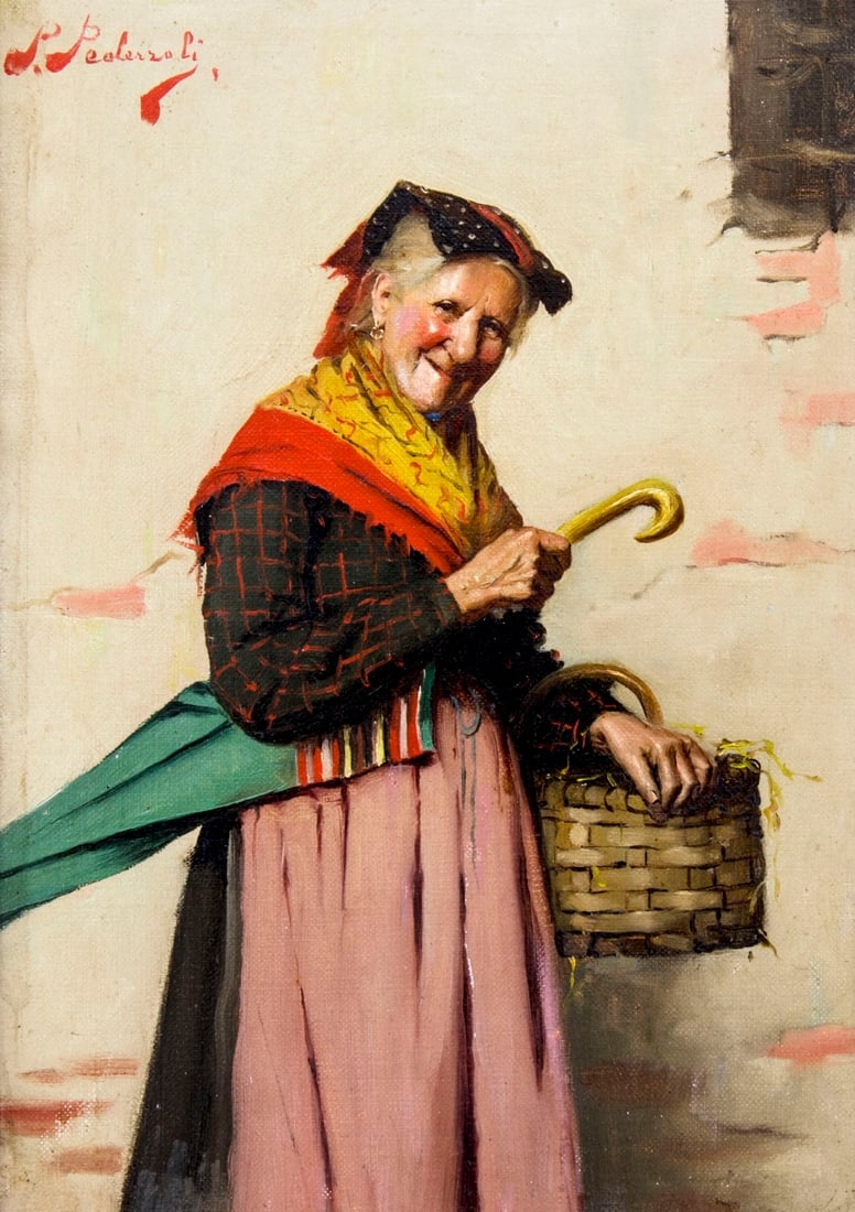 Artwork by Pietro Pederzoli, Old Woman with Basket and Umbrella, Made of Oil On Canvas