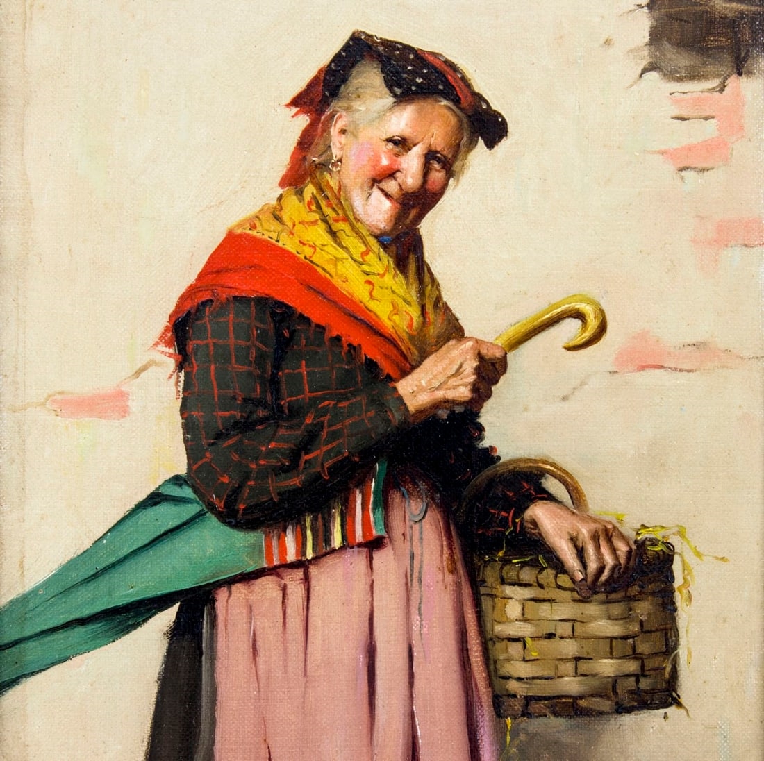 Artwork by Pietro Pederzoli, Old Woman with Basket and Umbrella, Made of Oil On Canvas