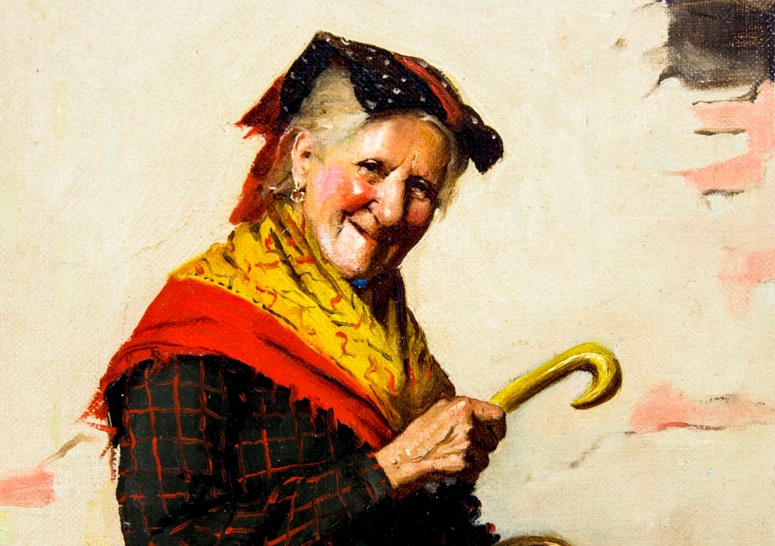Artwork by Pietro Pederzoli, Old Woman with Basket and Umbrella, Made of Oil On Canvas