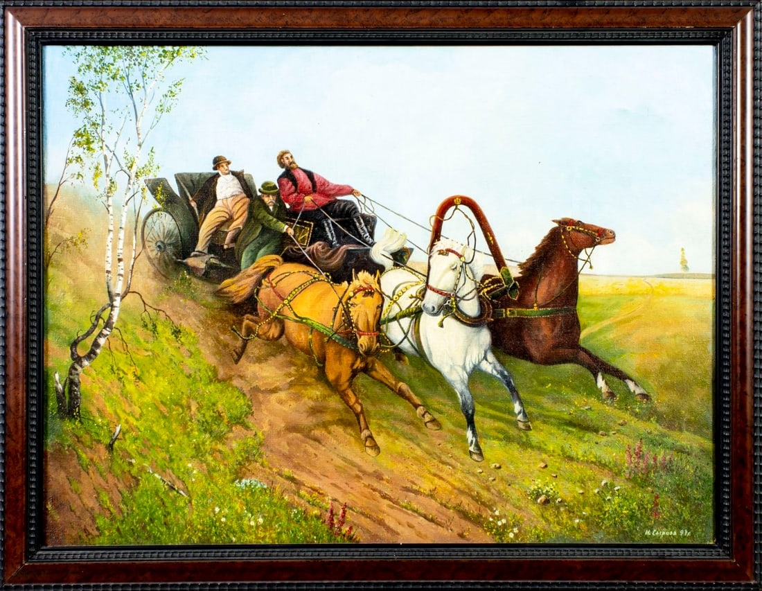 Artwork by N Syrzov, Three Men in Horse Carriage, Made of Oil On Canvas