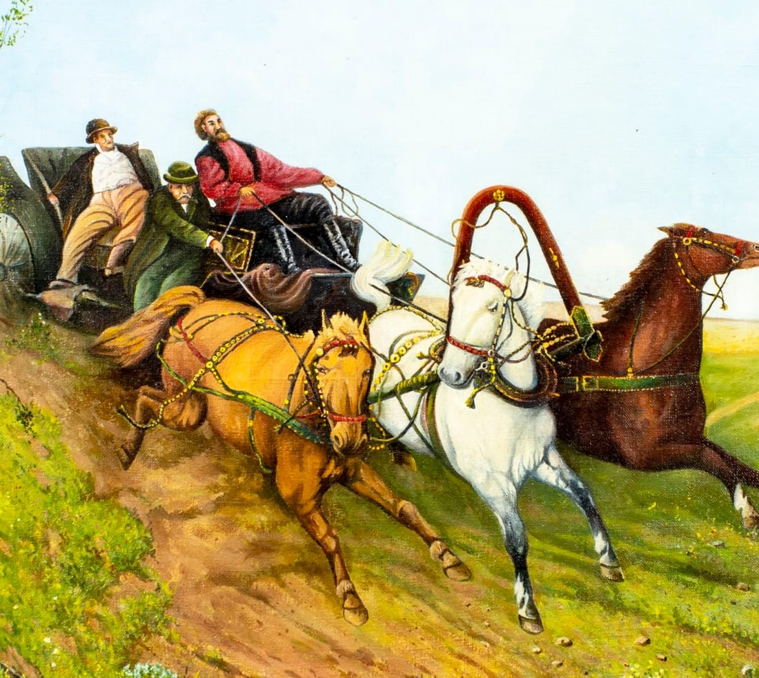 Artwork by N Syrzov, Three Men in Horse Carriage, Made of Oil On Canvas