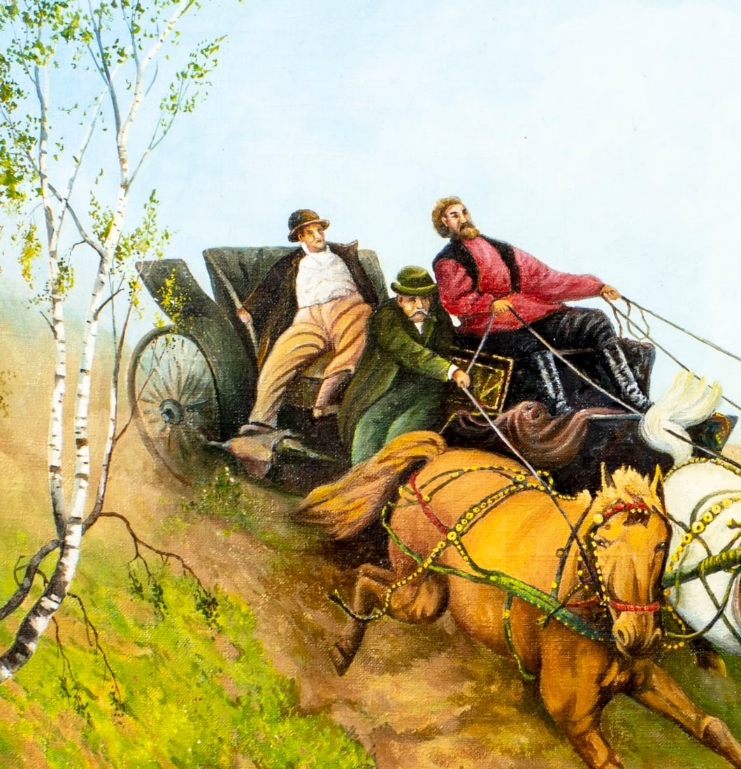 Artwork by N Syrzov, Three Men in Horse Carriage, Made of Oil On Canvas