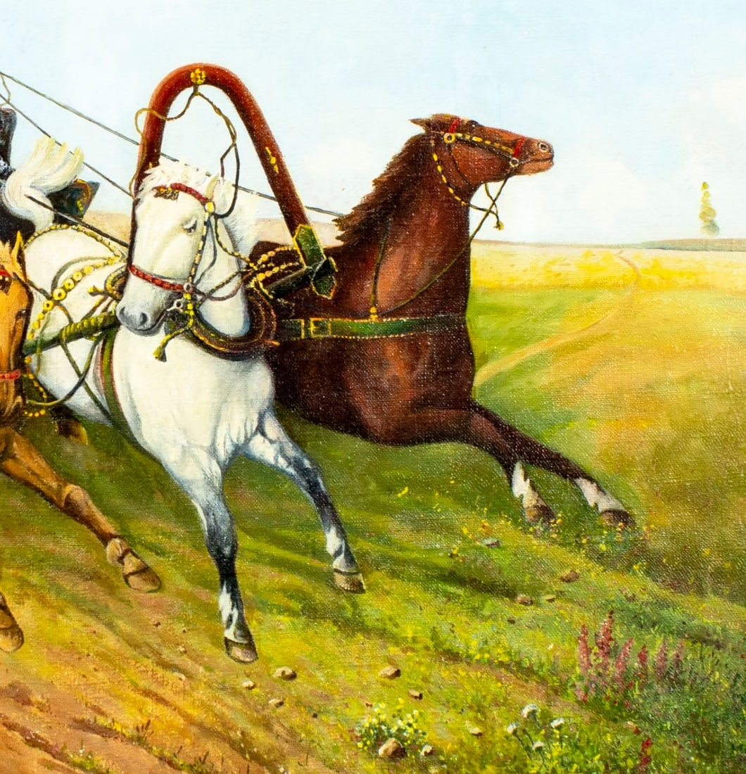 Artwork by N Syrzov, Three Men in Horse Carriage, Made of Oil On Canvas