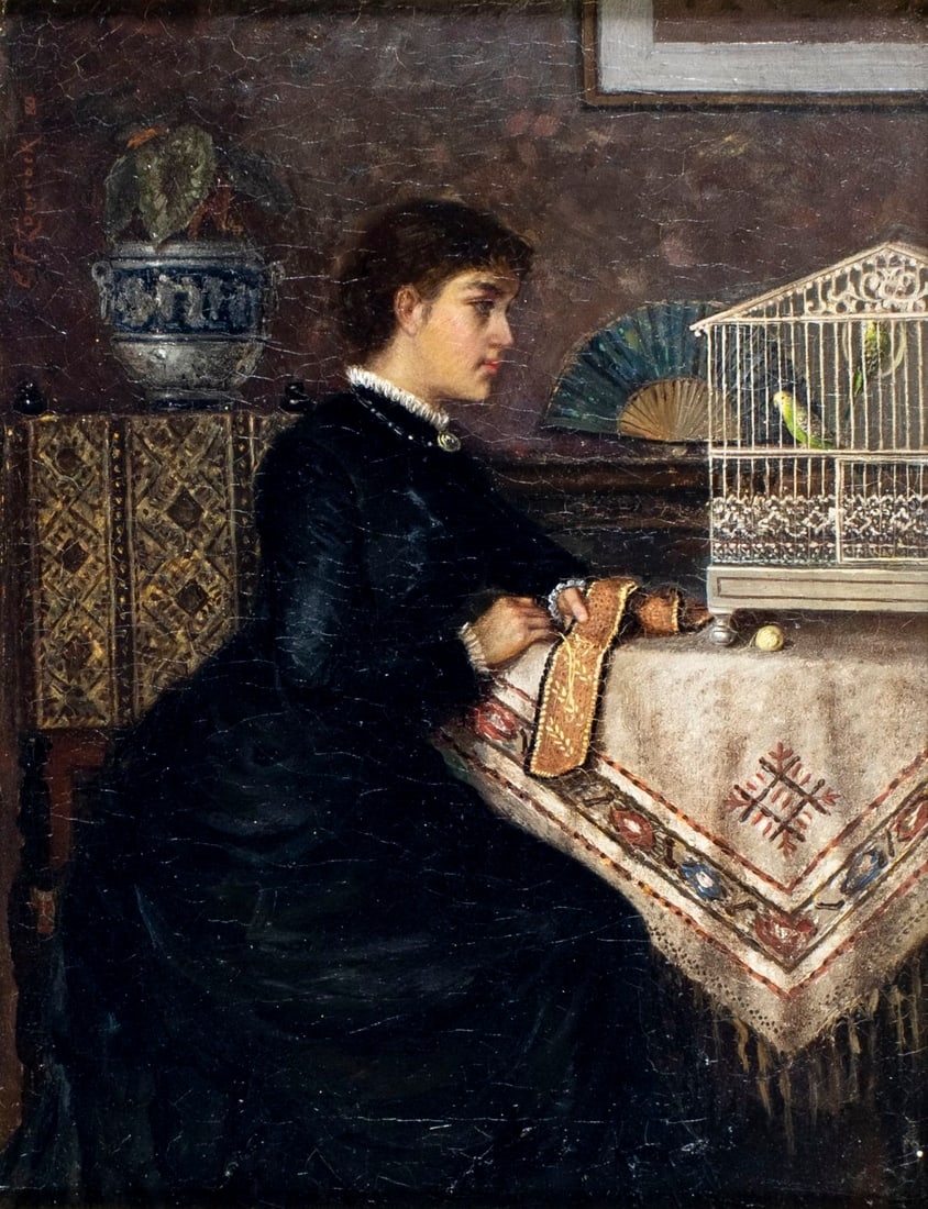 Artwork by Charles Frederick Lowcock, Woman Sewing by Birdcage, Made of Oil On Canvas