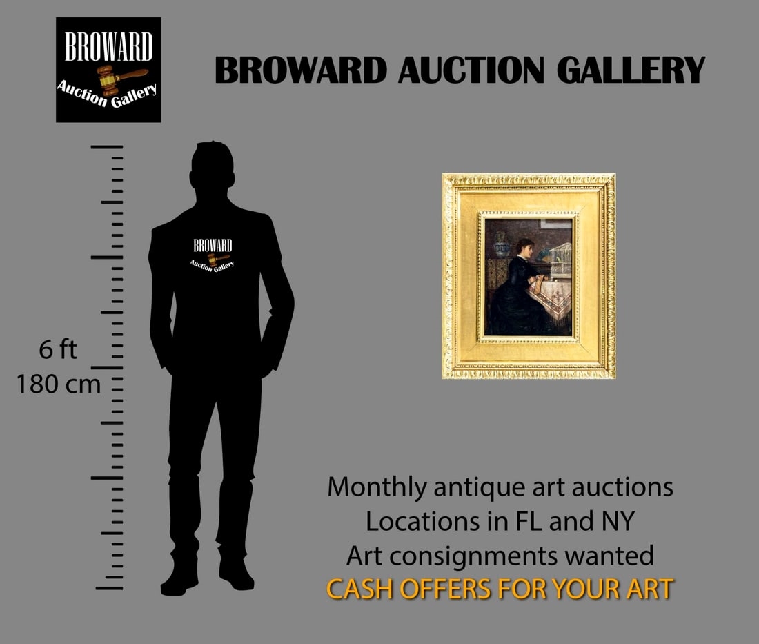 Artwork by Charles Frederick Lowcock, Woman Sewing by Birdcage, Made of Oil On Canvas