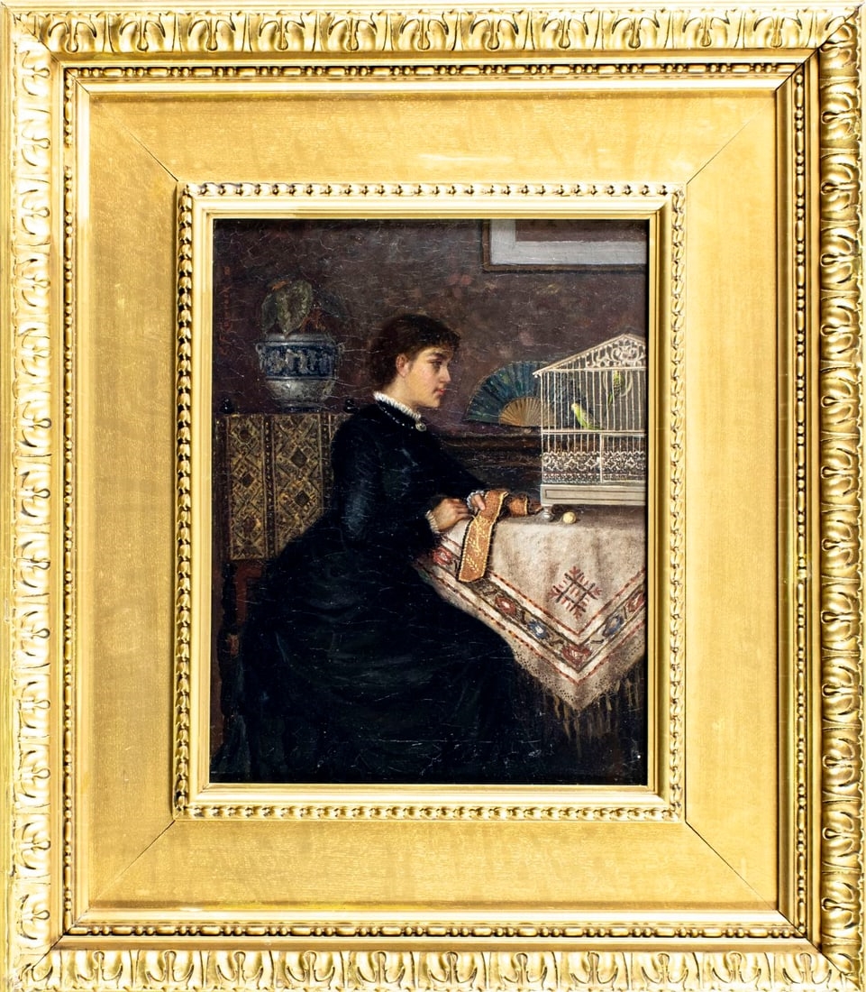 Artwork by Charles Frederick Lowcock, Woman Sewing by Birdcage, Made of Oil On Canvas