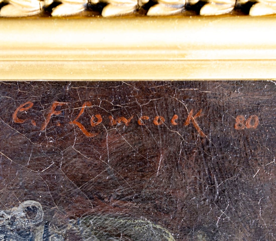 Artwork by Charles Frederick Lowcock, Woman Sewing by Birdcage, Made of Oil On Canvas