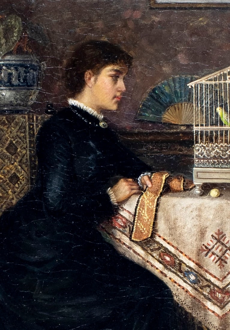 Artwork by Charles Frederick Lowcock, Woman Sewing by Birdcage, Made of Oil On Canvas