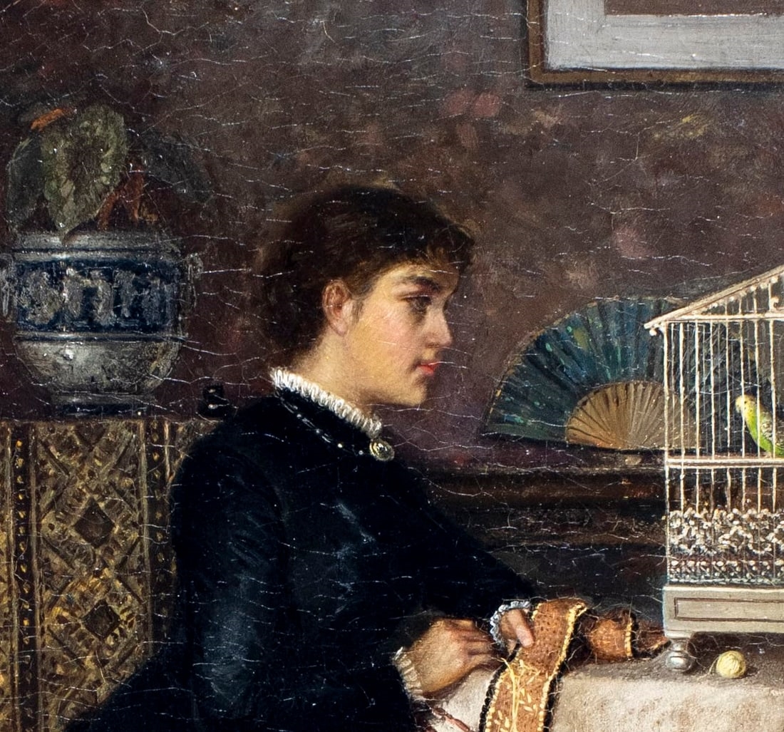 Artwork by Charles Frederick Lowcock, Woman Sewing by Birdcage, Made of Oil On Canvas