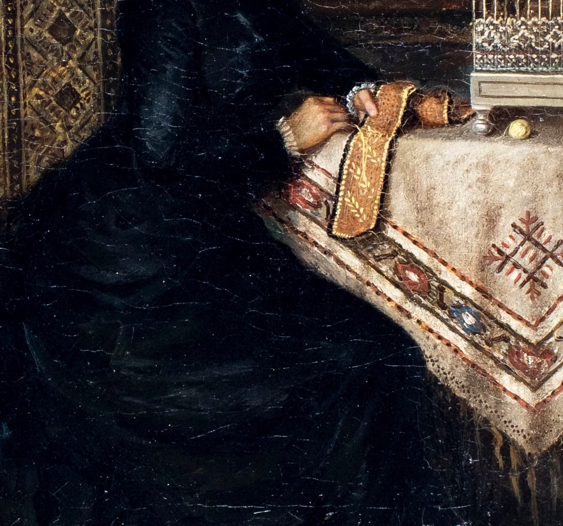 Artwork by Charles Frederick Lowcock, Woman Sewing by Birdcage, Made of Oil On Canvas