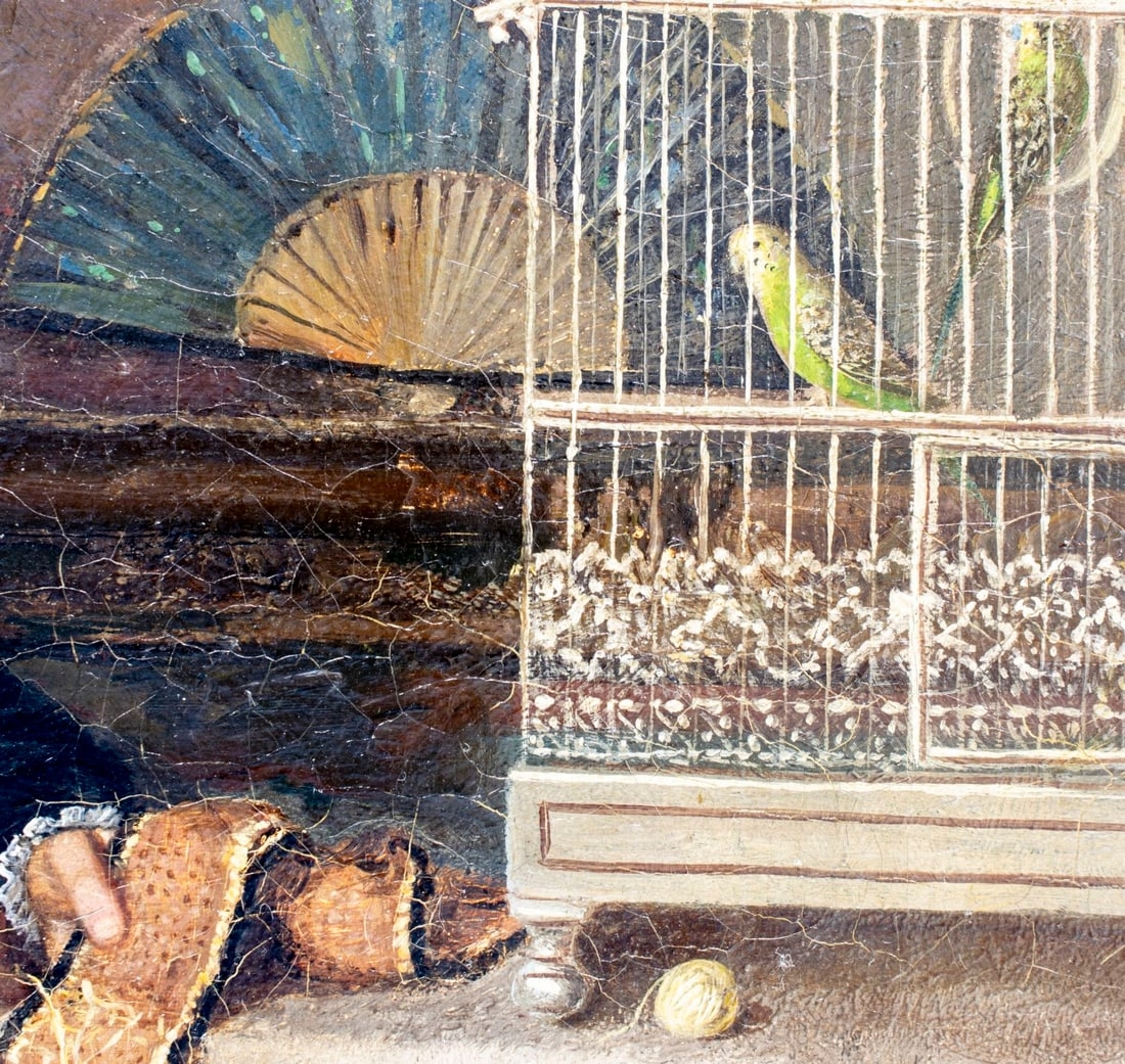 Artwork by Charles Frederick Lowcock, Woman Sewing by Birdcage, Made of Oil On Canvas