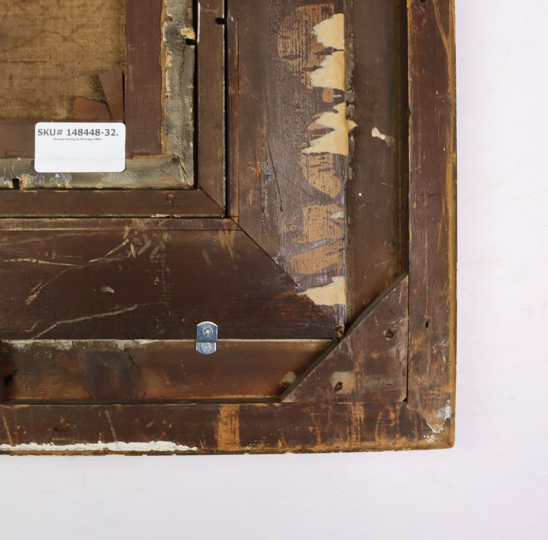 Artwork by Charles Frederick Lowcock, Woman Sewing by Birdcage, Made of Oil On Canvas