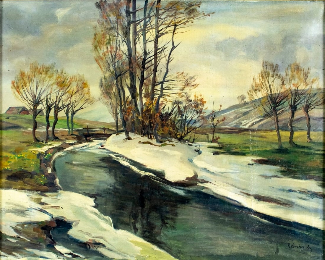 Artwork by Raphael Carl Reinhard, Winter Stream Landscape, Made of Oil On Canvas