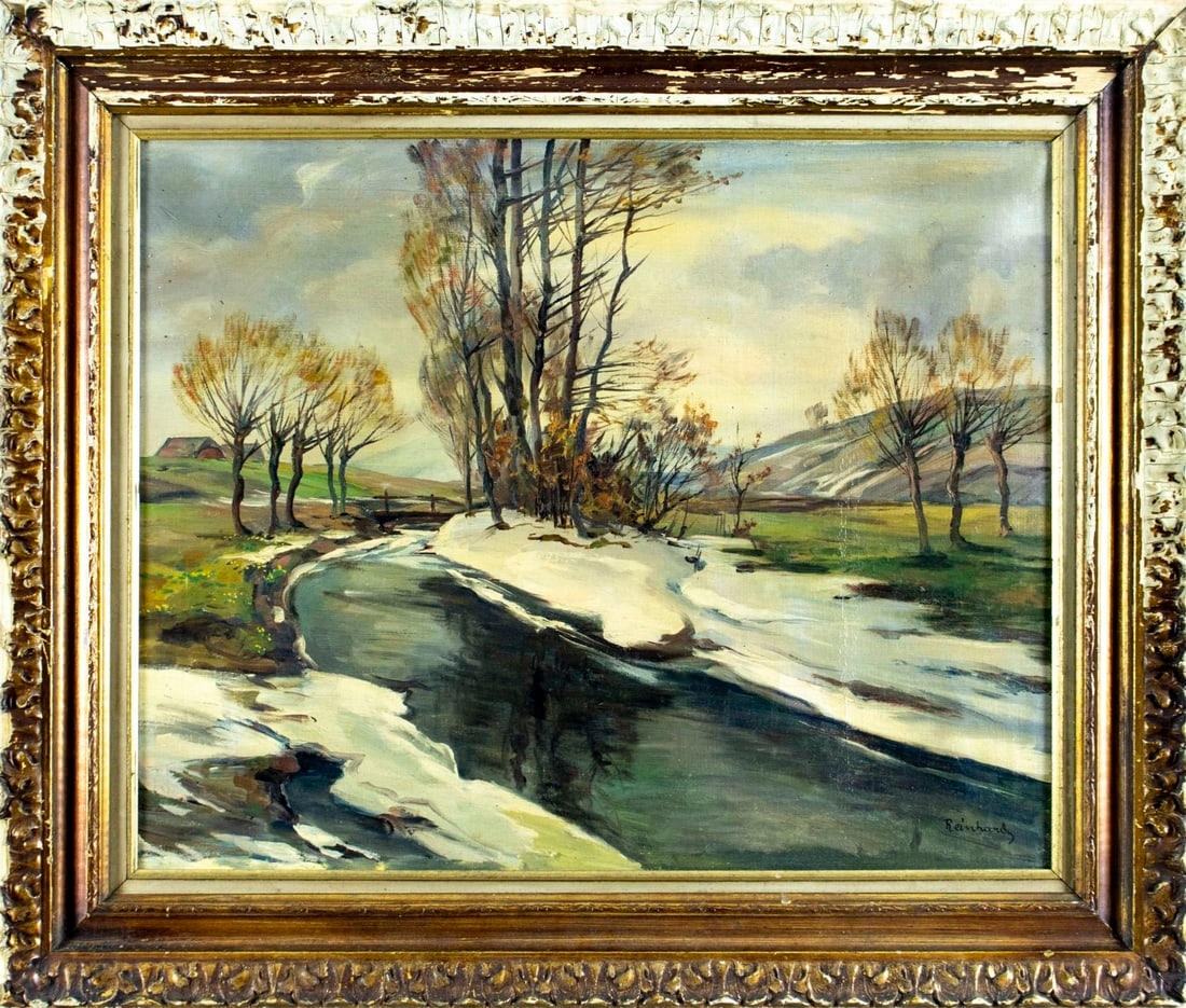 Artwork by Raphael Carl Reinhard, Winter Stream Landscape, Made of Oil On Canvas