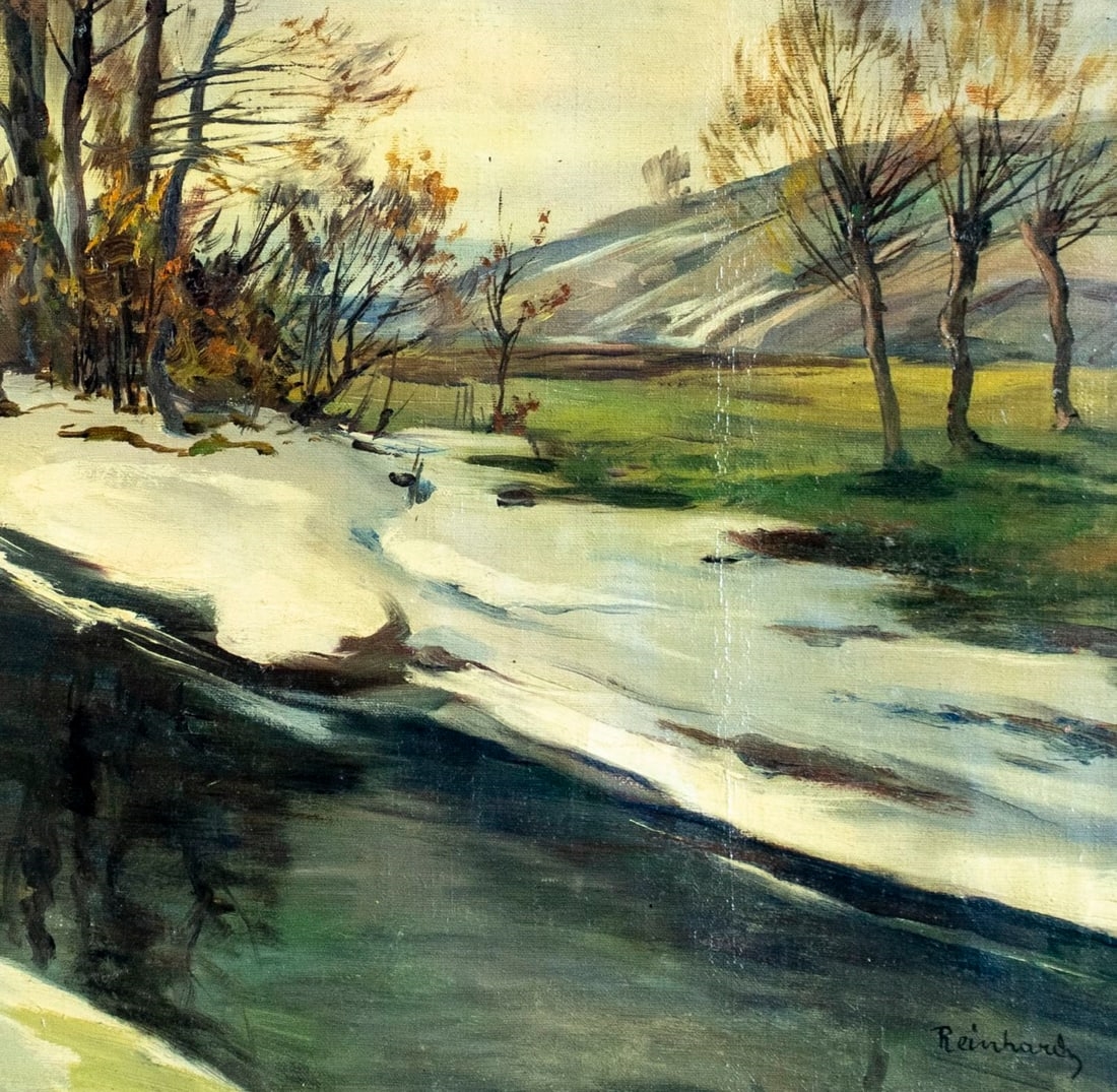 Artwork by Raphael Carl Reinhard, Winter Stream Landscape, Made of Oil On Canvas