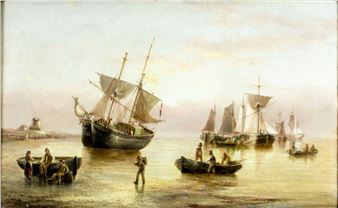 Coastal Scene with Boats and Sailships - Henry Redmore