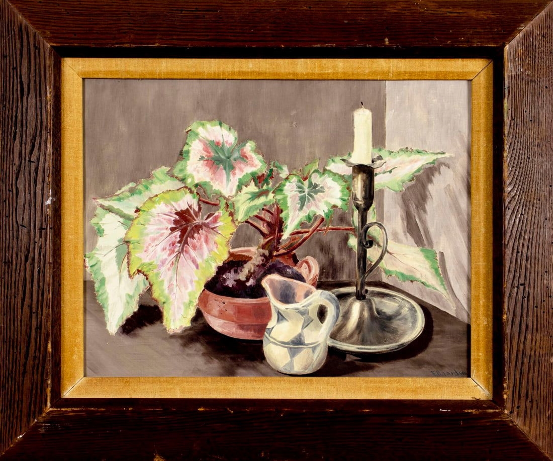 Artwork by E Baardsen, Still Life with Plant, Jug and Candle, Made of Oil On Canvas Board