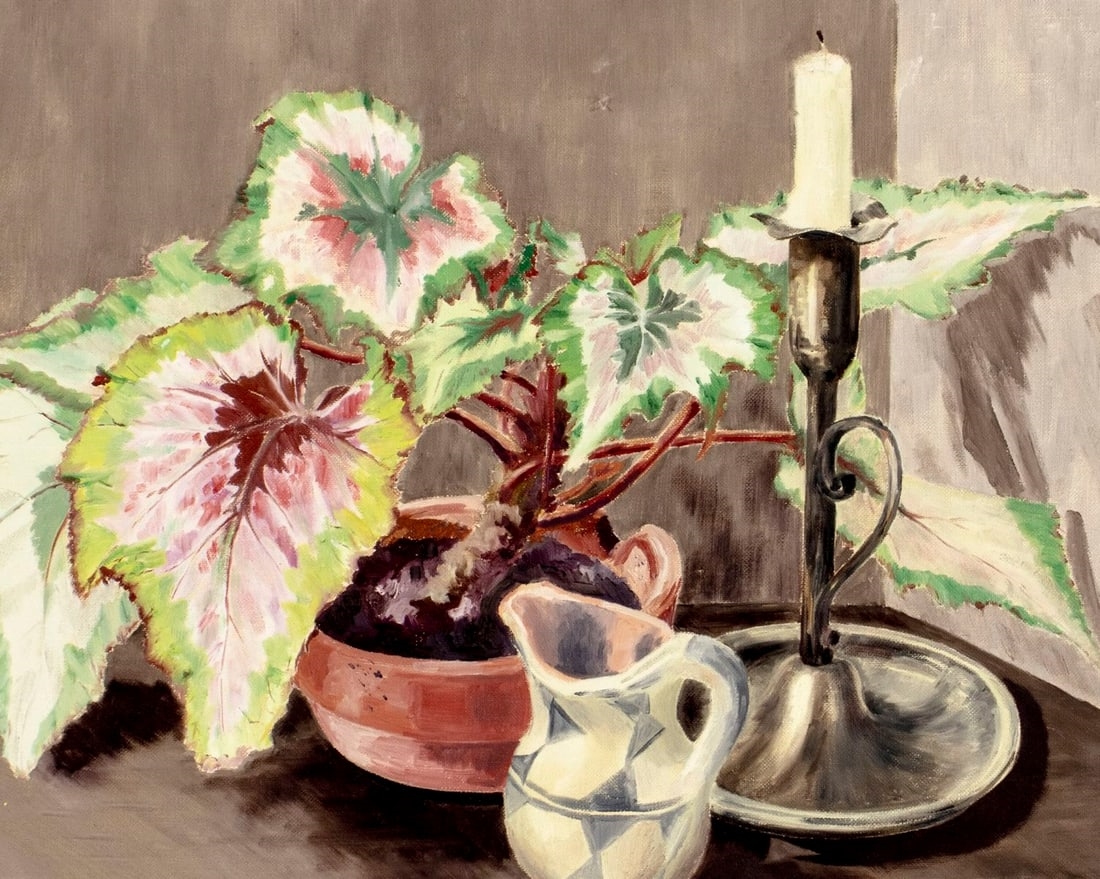 Artwork by E Baardsen, Still Life with Plant, Jug and Candle, Made of Oil On Canvas Board