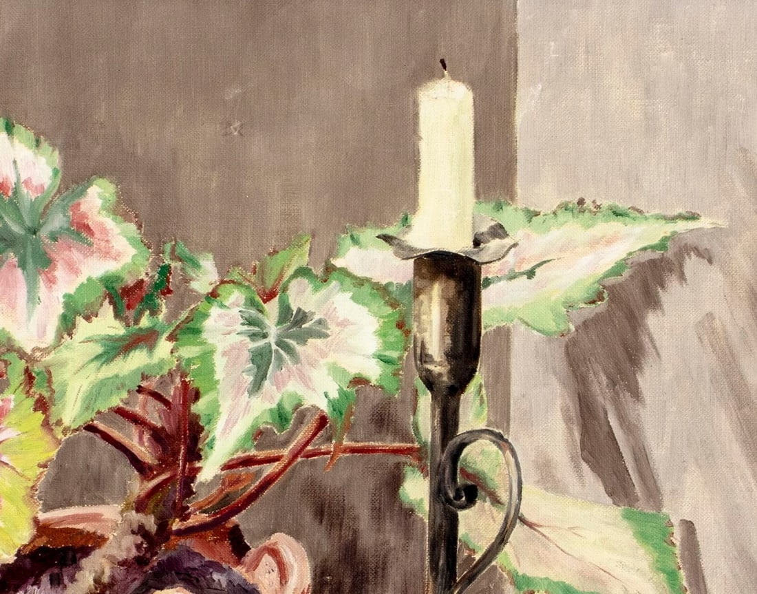 Artwork by E Baardsen, Still Life with Plant, Jug and Candle, Made of Oil On Canvas Board