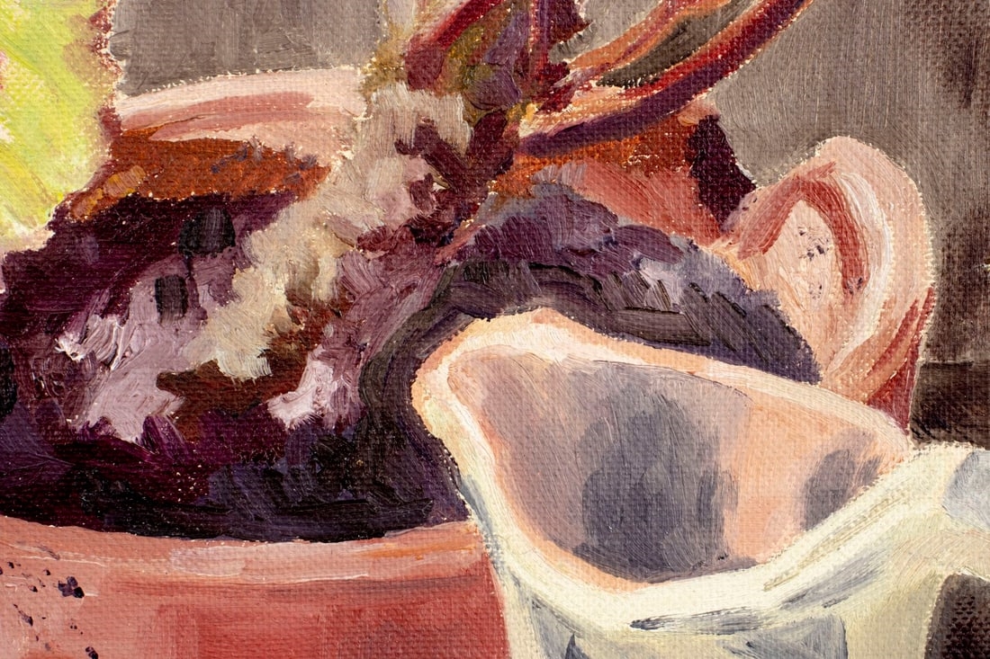 Artwork by E Baardsen, Still Life with Plant, Jug and Candle, Made of Oil On Canvas Board