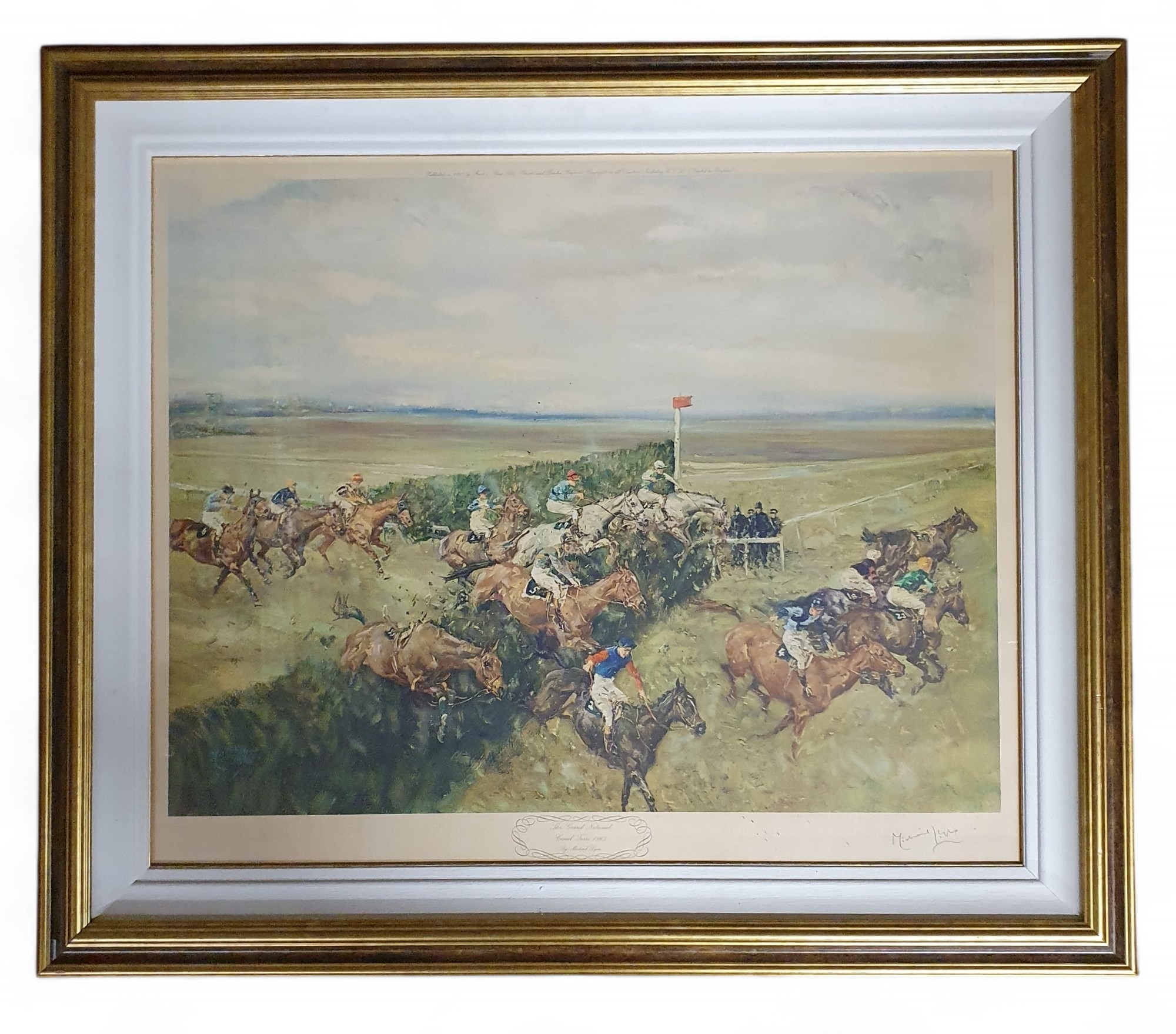 A watercolor race scene capturing the dynamic motion of horses and jockeys crossing a finish line.