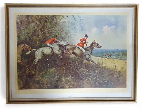 A framed painting of two figures in red coats riding horses over a brushy hillside.