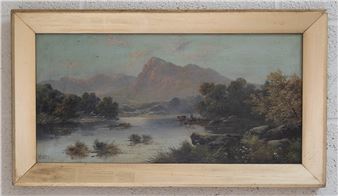 A framed landscape painting depicting a serene river scene with distant mountains.