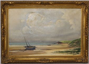moored boat on sandy shore - Stanley Dollimore
