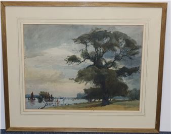 A watercolor landscape of a riverside scene featuring a large tree and distant boats.