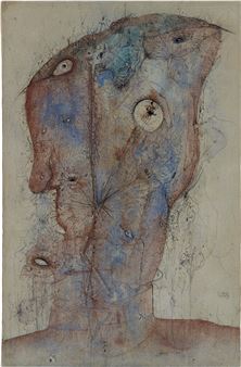 A surreal portrait of a face with multiple eyes and abstract textures.