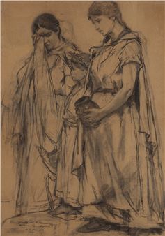 A drawing of three women standing next to each other.