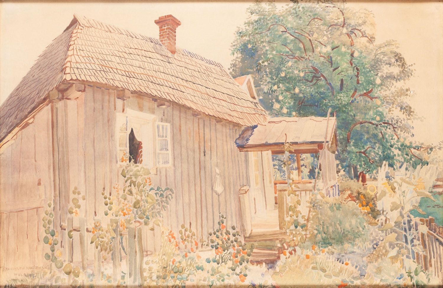 Artwork by Stanisław Masłowski, Landscape from Wola Rafałowska ("Cottage under the pear tree, Made of watercolour/cardboard