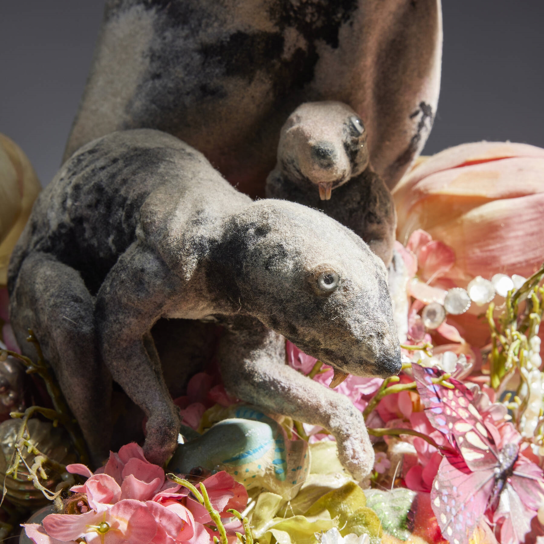 Artwork by David Hevel, Out On My Own, Made of Faux Taxidermy, Mixed Media Assemblage, Metal, Suede