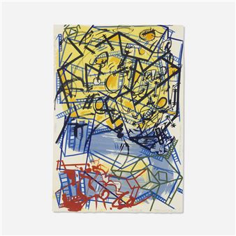 A chaotic abstract composition of layered geometric shapes and scribbles in bold primary colors.