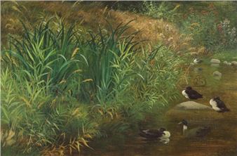 Scenery with ducks at a little lake - Danish School, 19th Century