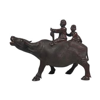 A CHINESE HARDWOOD CHILDREN ON OX FIGURINE - Chinese School